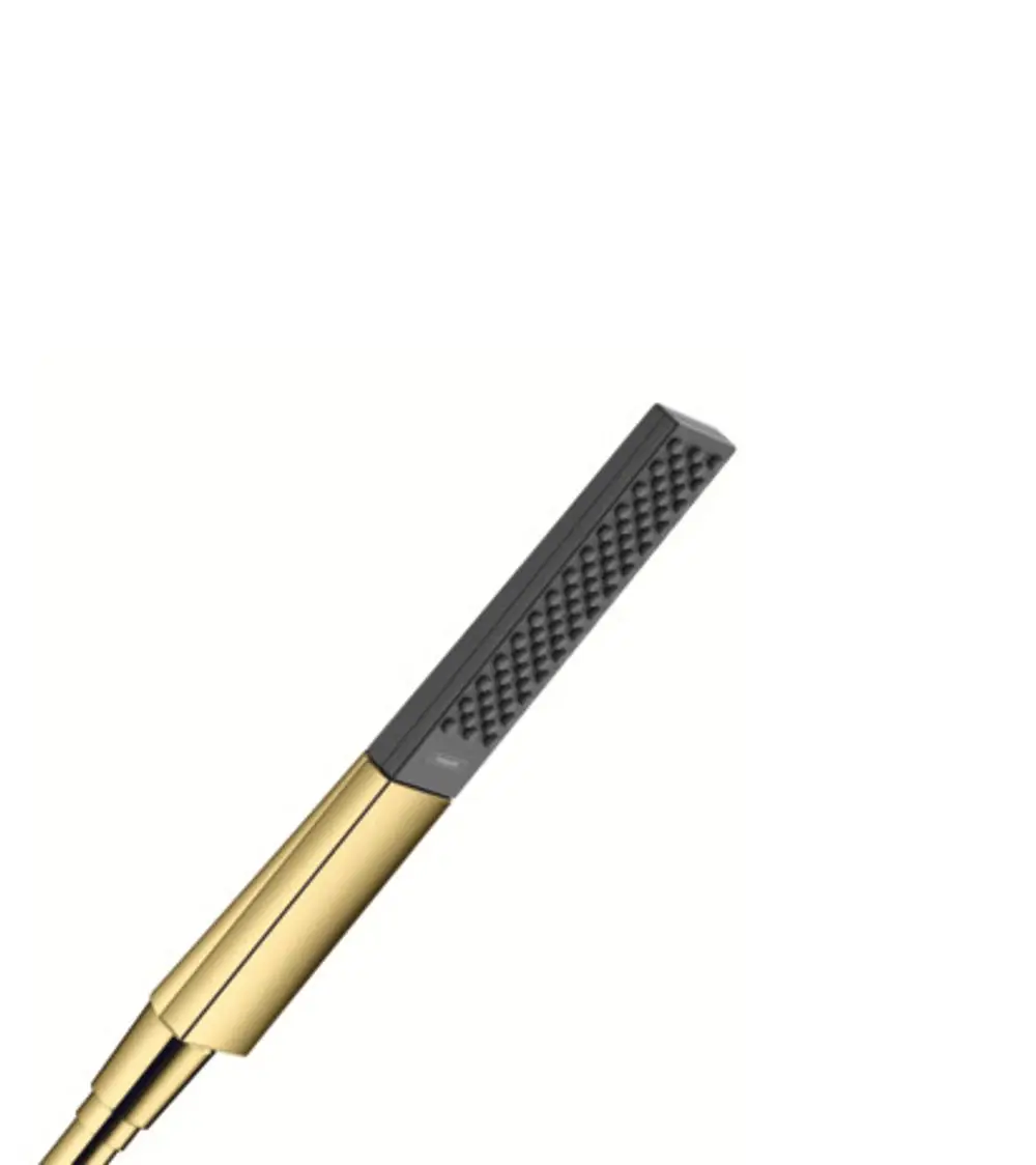 Handbrause mit einem schlanken, rechteckigen Kopf in Polished Gold Optic von Hansgrohe. Der Griff hat eine rutschfeste Oberfläche für besseren Halt.